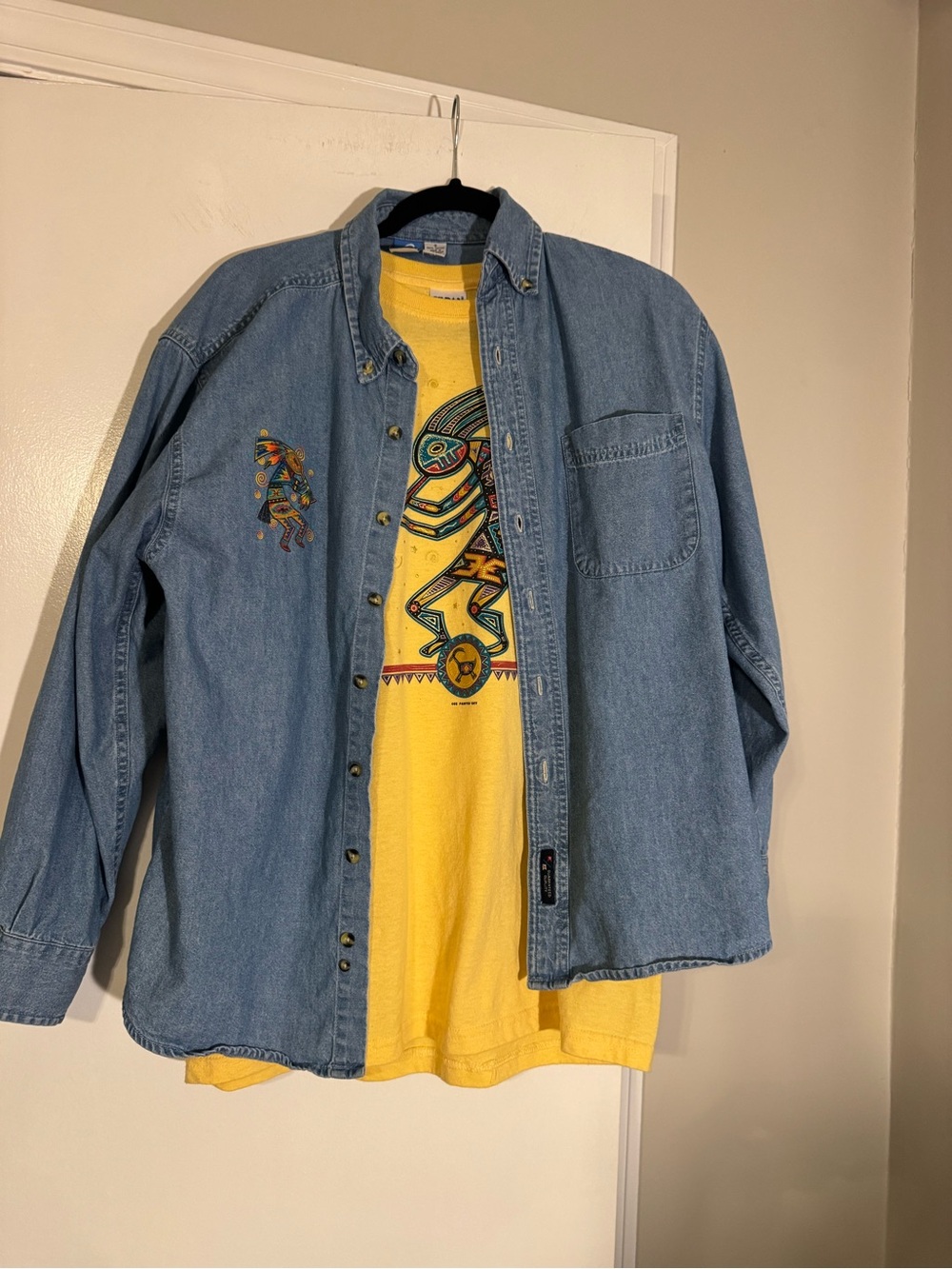 Y2K Kokopelli Denim Button-Up Shirt 100% cotton w/ Yellow Graphic Tee Layer